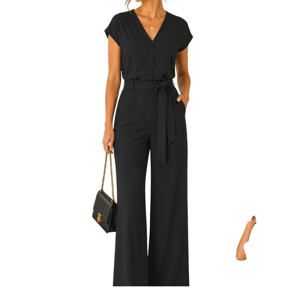 Frank And Oak Black Short Sleeve V-Neck Wide‎ Leg Jumpsuit with Belt XS New